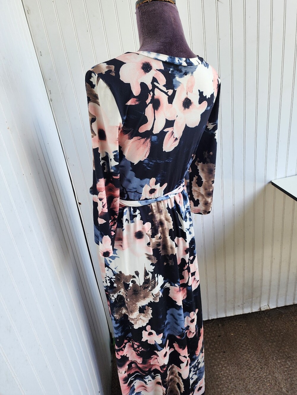 Zattcas Women's 3/4 Sleeve Floral Faux Wrap Maxi Dress w/ Belt Soft White Pink M - Picture 8 of 14